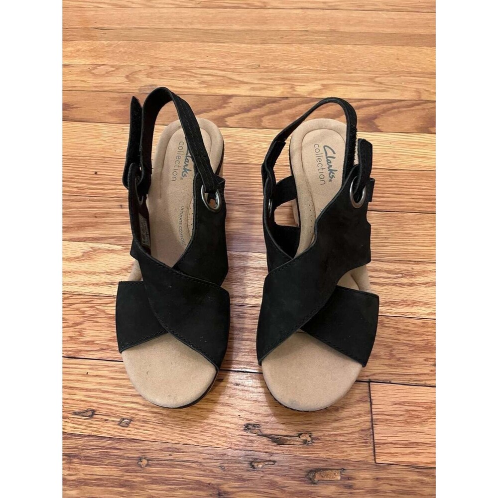 Clarks Collection Kimmei Bay Black Suede Cork Wedge Sandals Size 8.5 Comfort